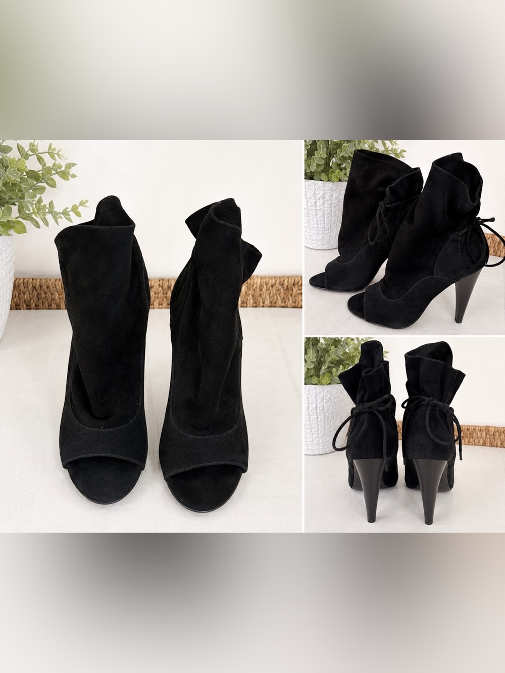 Vince Camuto Black Suede Peep-Toe Stiletto Booties with Back Tie